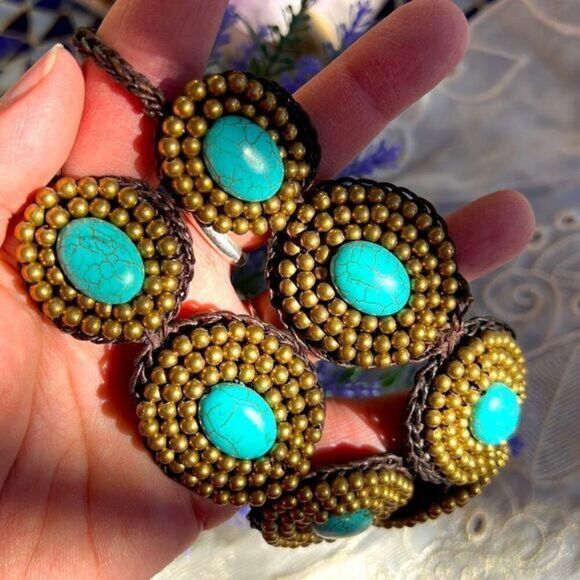 Turquoise Gold & Brown Medallion Handcrafted Crochet Necklace 22" 24" - Picture 11 of 13